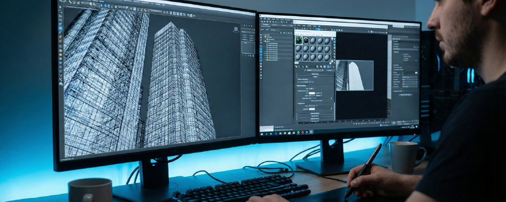 Close up over the shoulder view of a 3D artist working on a dual-monitor setup.