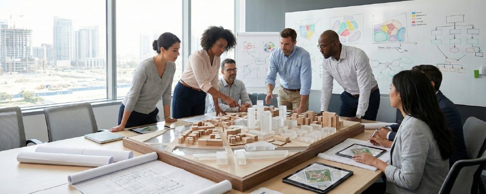 Master Planning vs Urban Design: Group of architects and builders around a master planning