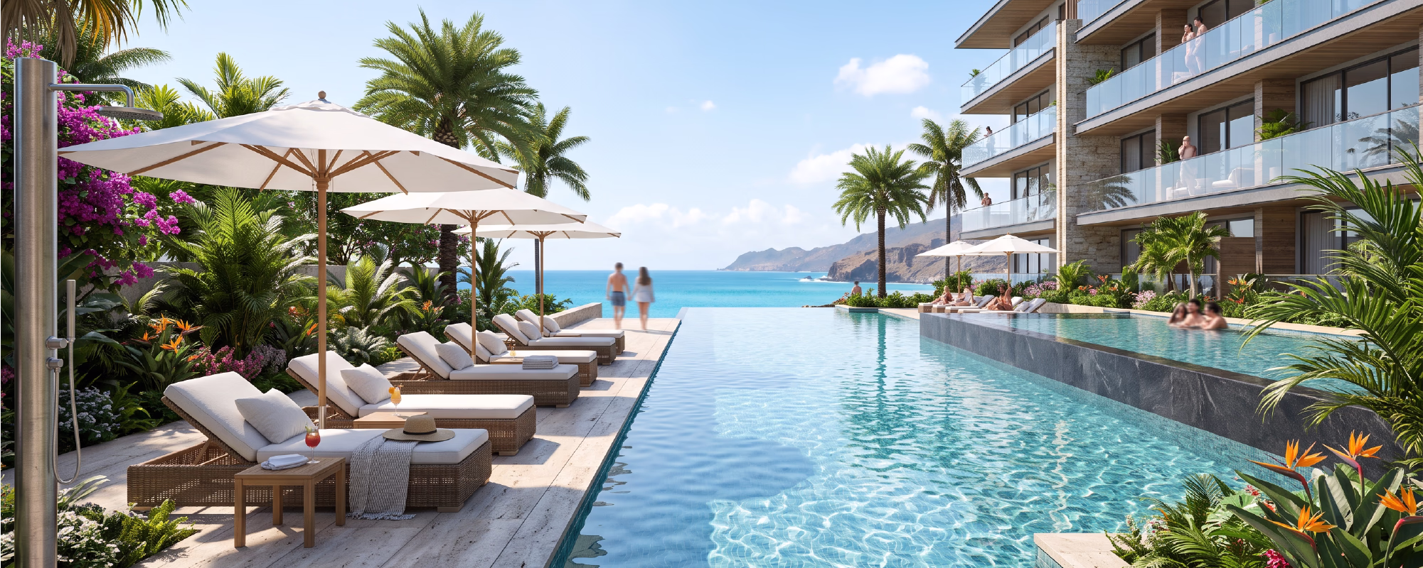 Eye-level photorealistic 3D architectural rendering of a high-end resort infinity pool area on a sunny day