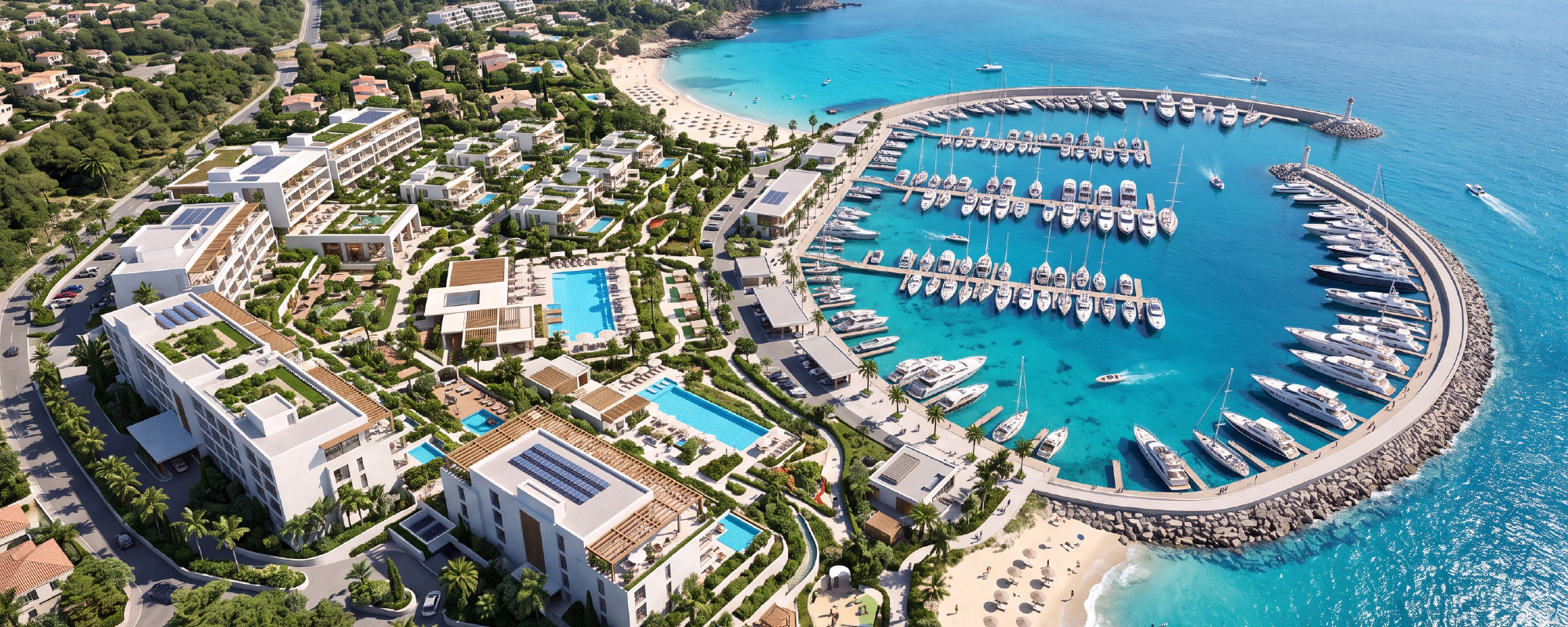 High-angle bird's-eye view site plan rendering of a modern coastal resort and marina.