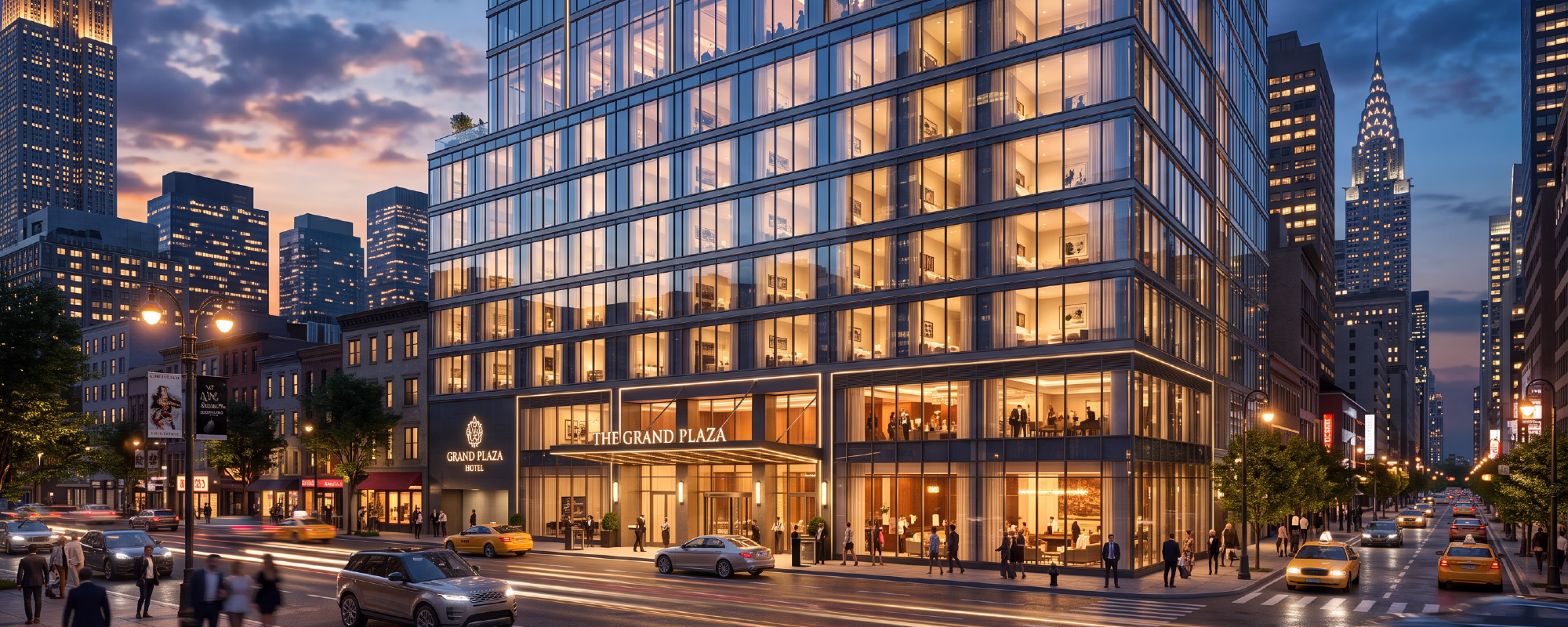Hyper-realistic exterior 3D rendering of a modern luxury high-rise hotel in a bustling US city at dusk