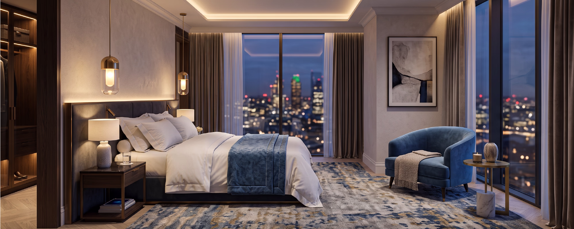 Hyper-realistic interior 3D rendering of an ultra-luxury hotel suite.