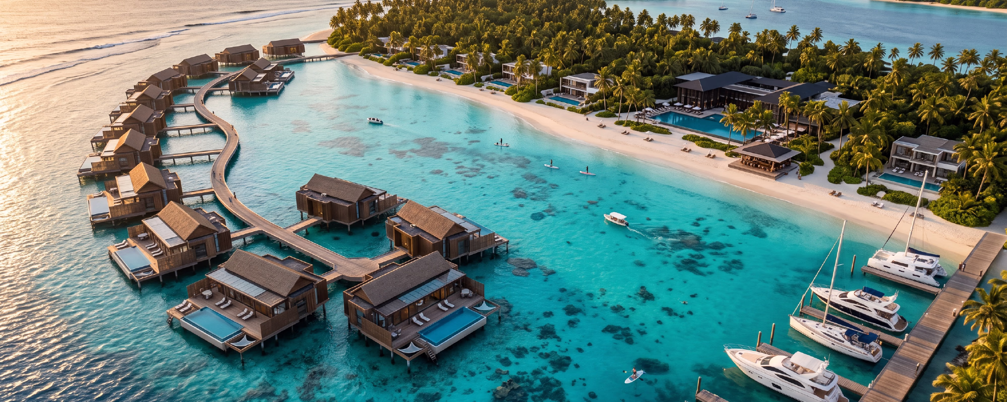 3D rendering for hotels & resorts: Photorealistic aerial view of a luxury tropical island resort, hyper-realistic architectural visualization