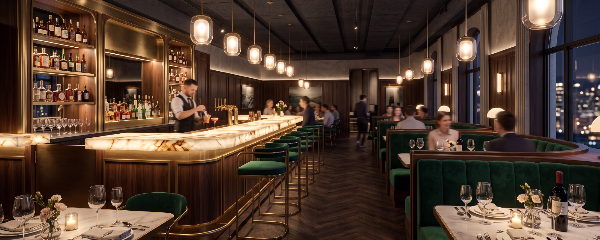 Photorealistic interior 3D rendering of a high-end hotel restaurant and bar.